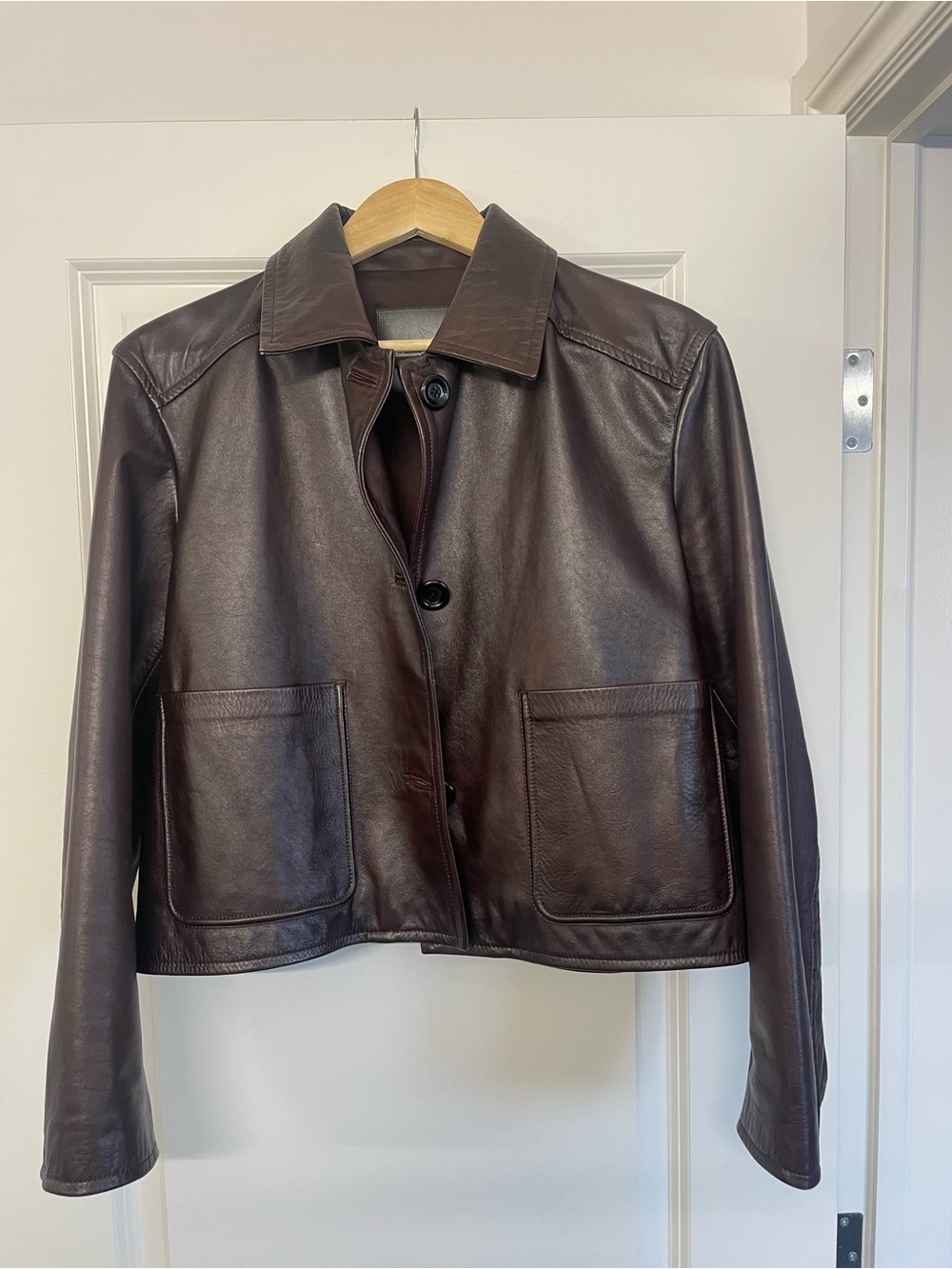 Massimo Dutti Deep Burgundy 100% Leather Button Crop Jacket- M